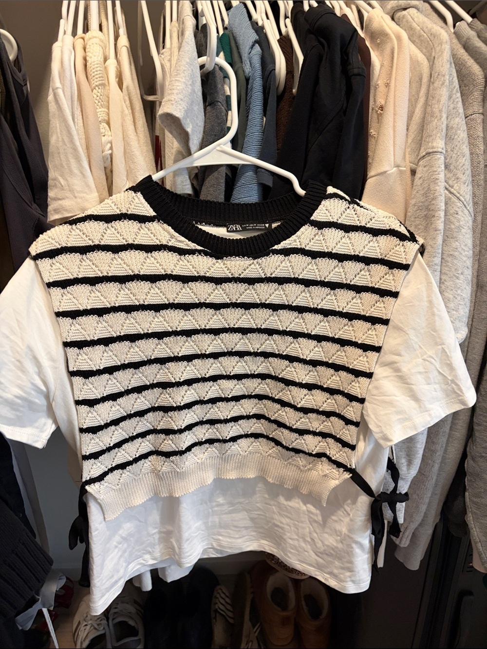 Zara Black and White Layered Knit-Tie Tee
